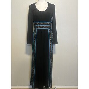 Vintage 70s Domino Maxi Dress Black Knit Peasant Festival‎ Floral Hippie sz.S-M